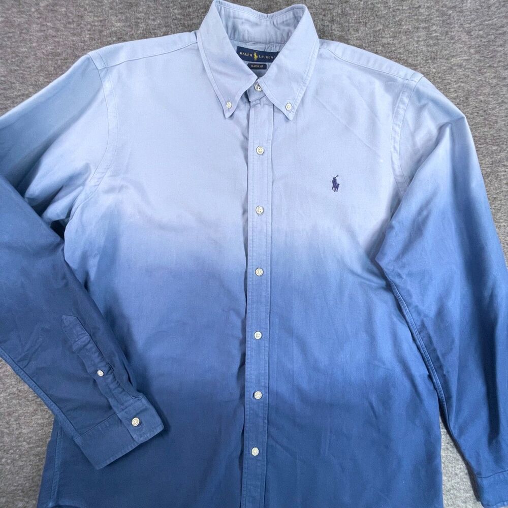 Polo Ralph Lauren Large Blue Ombre Dip Dye Button Down Classic Fit Shirt Preppy - Picture 10 of 11